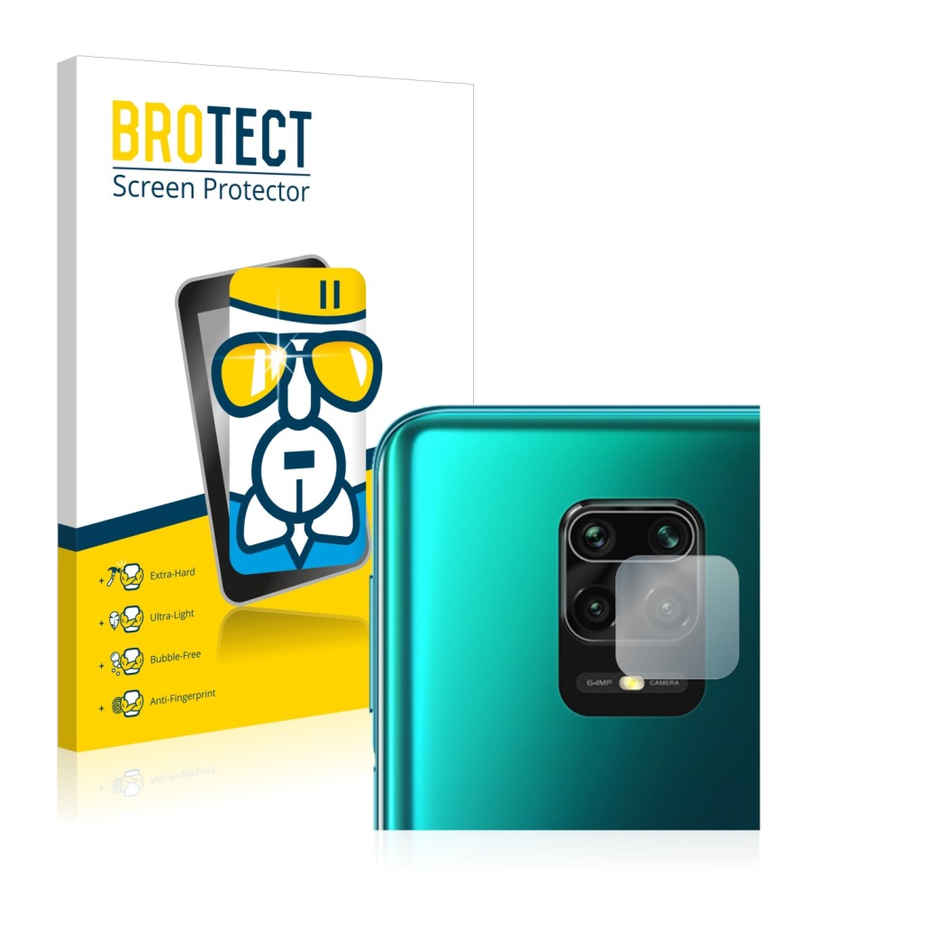 Parte frontale di una confezione del prodotto con il logo del marchio BROTECT. Accanto è raffigurato il dispositivo Xiaomi Red