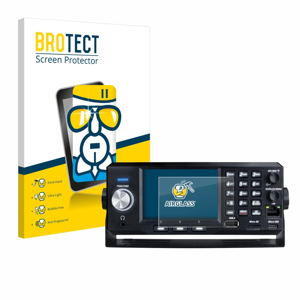 Front side of a product packaging with the brand logo BROTECT. Next to it is the device Uniden SDS200E shown with the correspo