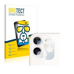 Front side of a product packaging with the brand logo BROTECT. Next to it is the device Apple iPhone 12 mini (ONLY Camera Lens