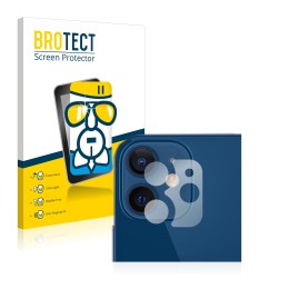 Parte frontal de un envase de producto con el logotipo de la marca BROTECT. Al lado se muestra el dispositivo Apple iPhone 12 