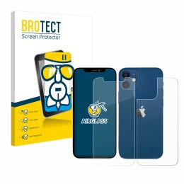 Vorderseite einer Produktverpackung mit dem Markenlogo BROTECT. Daneben ist das Gerät Apple iPhone 12 (Display+Rückseite) mit 