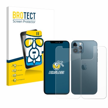 Front side of a product packaging with the brand logo BROTECT. Next to it is the device Apple iPhone 12 Pro Max (Front+Back) s