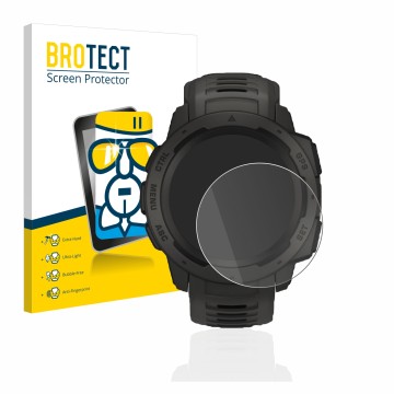 Vorderseite einer Produktverpackung mit dem Markenlogo BROTECT. Daneben ist das Gerät Garmin Instinct Solar mit dem zugehörige