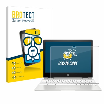 Front side of a product packaging with the brand logo BROTECT. Next to it is the device HP Chromebook x360 12b-ca0005nf shown 