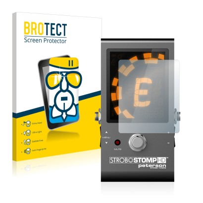 Front side of a product packaging with the brand logo BROTECT. Next to it is the device Peterson Strobostomp HD shown with the