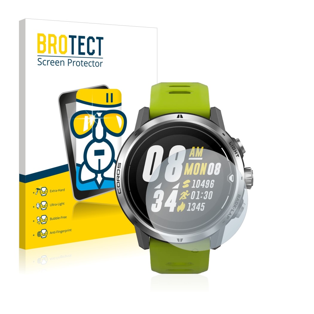 Vorderseite einer Produktverpackung mit dem Markenlogo BROTECT. Daneben ist das Gerät Coros Apex Pro mit dem zugehörigen Displ