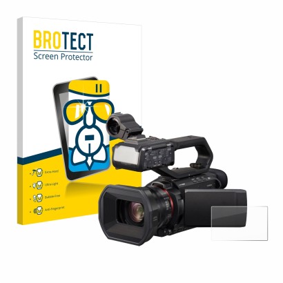 Front side of a product packaging with the brand logo BROTECT. Next to it is the device Panasonic HC-X1500 shown with the corr