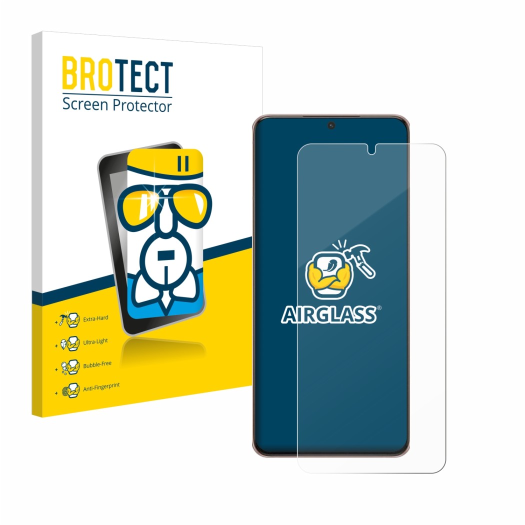 Vorderseite einer Produktverpackung mit dem Markenlogo BROTECT. Daneben ist das Gerät Samsung Galaxy S21 Plus 5G mit dem zugeh