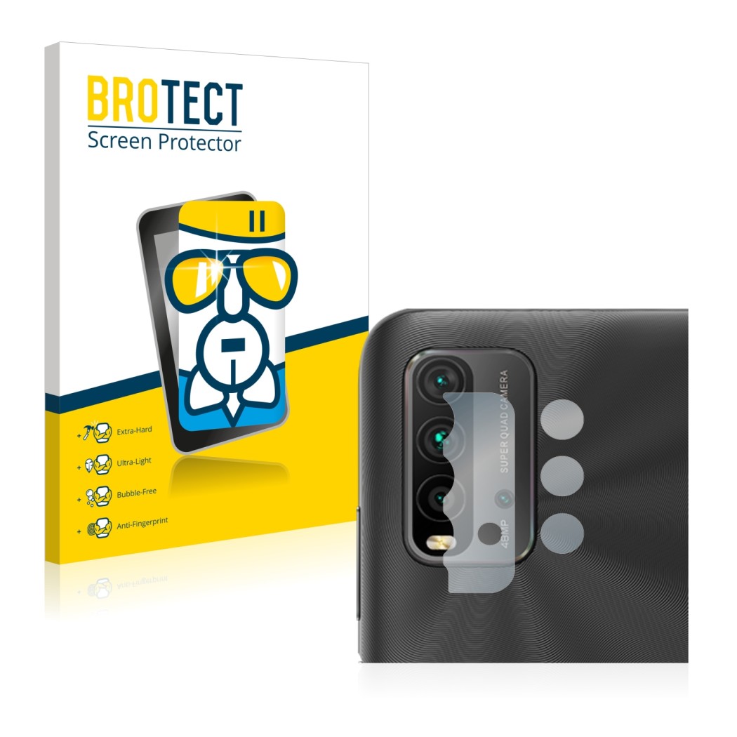 Parte frontal de un envase de producto con el logotipo de la marca BROTECT. Al lado se muestra el dispositivo Xiaomi Redmi 9T 