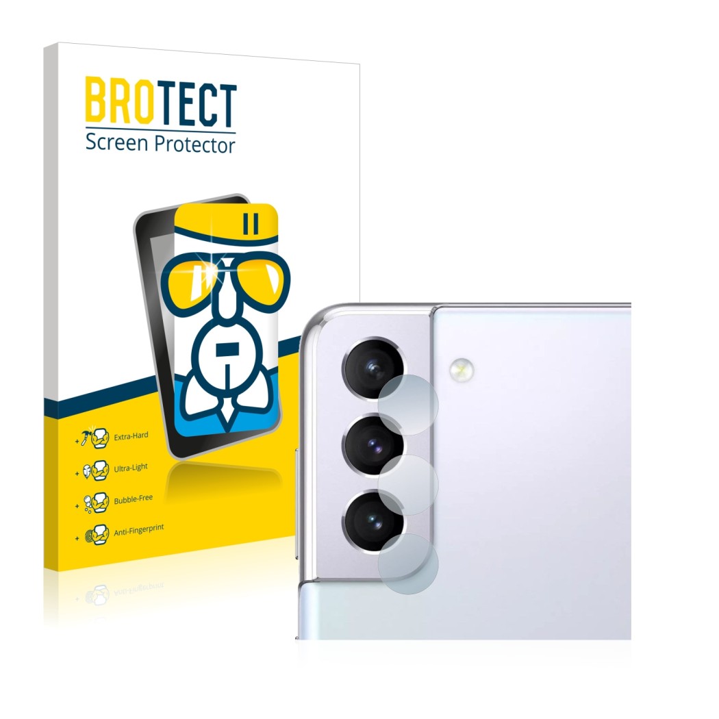 Front side of a product packaging with the brand logo BROTECT. Next to it is the device Samsung Galaxy S21 Plus 5G (ONLY Camer