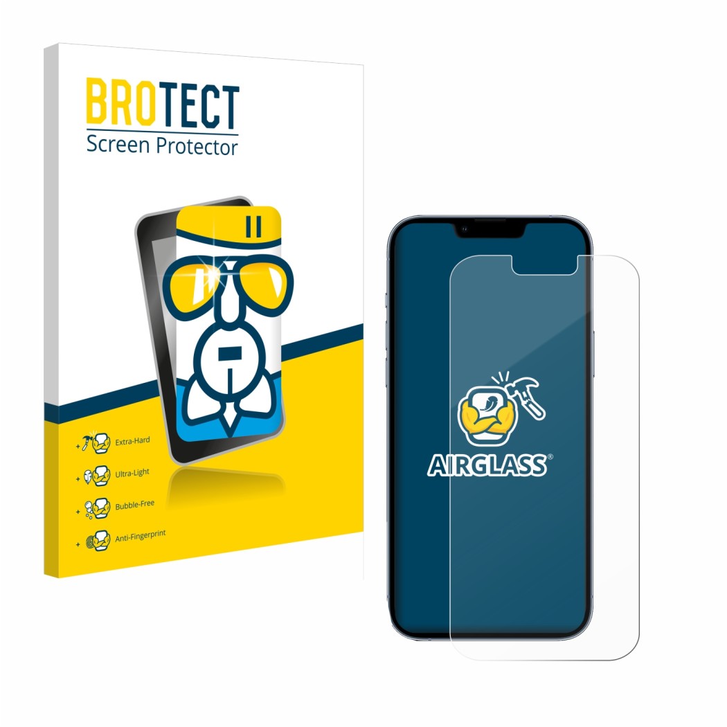 Face avant d’un emballage produit avec le logo de la marque BROTECT. À côté, l’appareil Apple iPhone 13 Pro Max est représenté