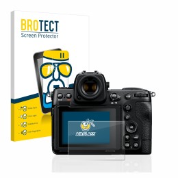 Front side of a product packaging with the brand logo BROTECT. Next to it is the device Nikon Z 8 shown with the corresponding