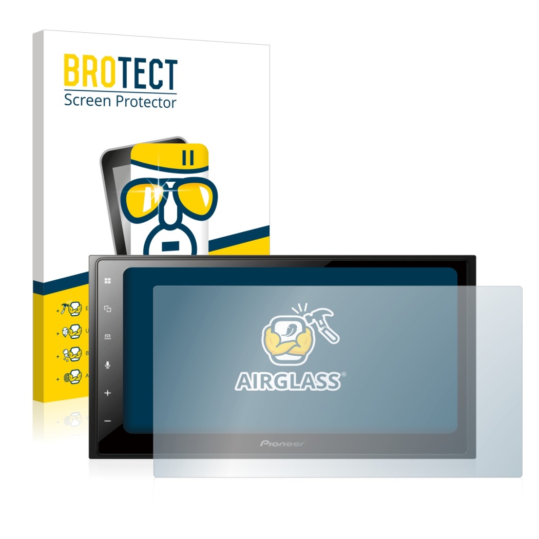 Vorderseite einer Produktverpackung mit dem Markenlogo BROTECT. Daneben ist das Gerät Pioneer SPH-DA250DAB mit dem zugehörigen