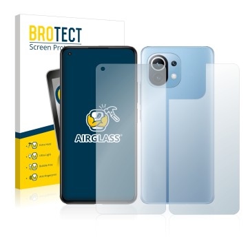 Front side of a product packaging with the brand logo BROTECT. Next to it is the device Xiaomi Mi 11 Lite 5G (Front+Back) show