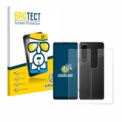 Vorderseite einer Produktverpackung mit dem Markenlogo BROTECT. Daneben ist das Gerät Sony Xperia 5 III (Display+Rückseite) mi