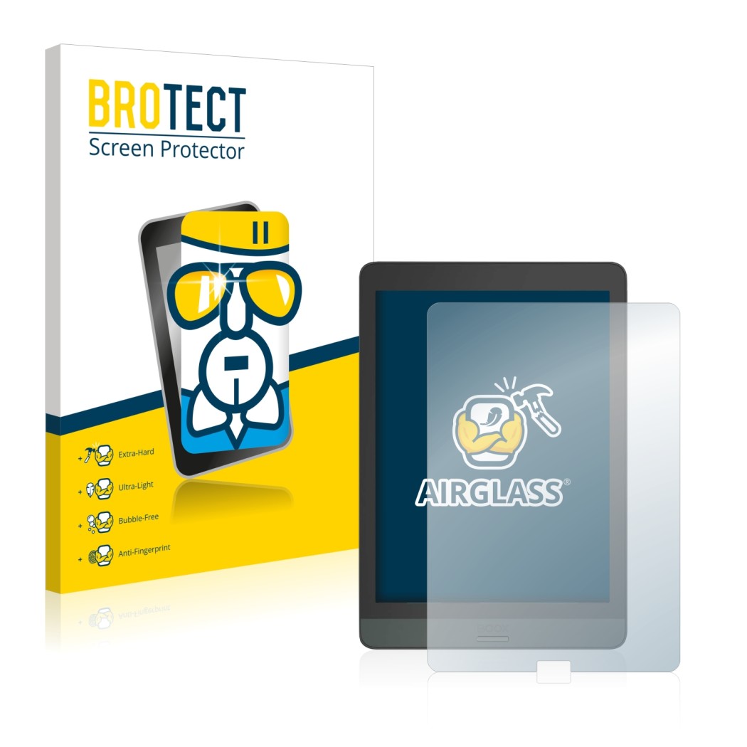 Vorderseite einer Produktverpackung mit dem Markenlogo BROTECT. Daneben ist das Gerät Boox Nova 3 mit dem zugehörigen Displays