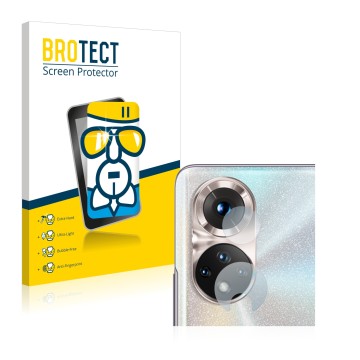 Face avant d’un emballage produit avec le logo de la marque BROTECT. À côté, l’appareil Honor 50 (Caméra UNIQUEMENT) est repré