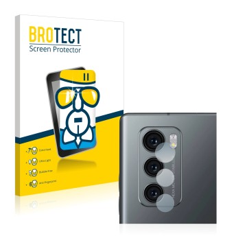 Front side of a product packaging with the brand logo BROTECT. Next to it is the device LG Wing (ONLY Camera Lens) shown with 