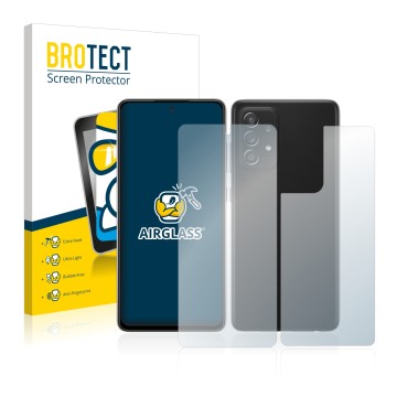 Front side of a product packaging with the brand logo BROTECT. Next to it is the device Samsung Galaxy A52s 5G (Front+Back) sh