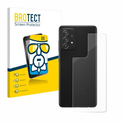 Front side of a product packaging with the brand logo BROTECT. Next to it is the device Samsung Galaxy A52s 5G (Back) shown wi