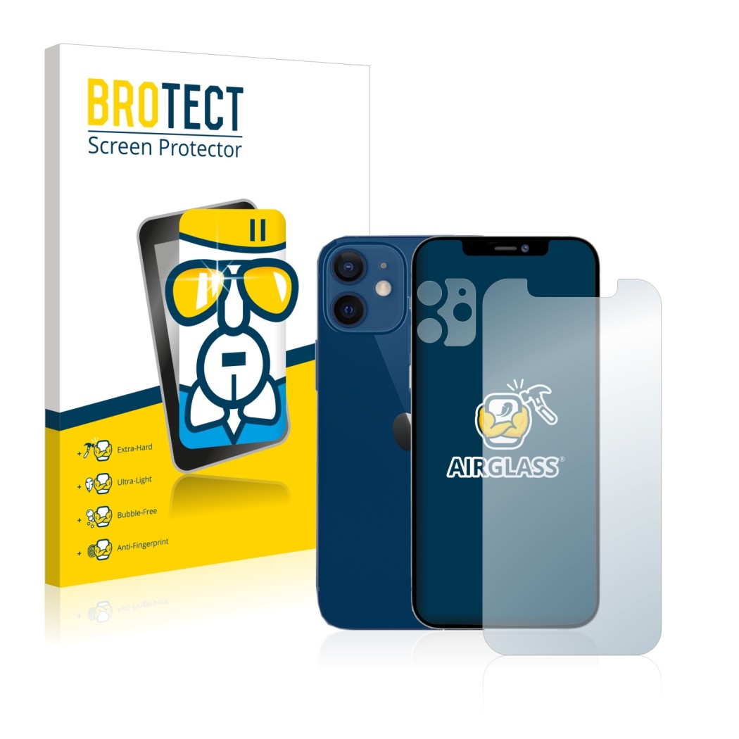 Face avant d’un emballage produit avec le logo de la marque BROTECT. À côté, l’appareil Apple iPhone 12 (Avant+Caméra) est rep