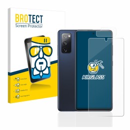 Front side of a product packaging with the brand logo BROTECT. Next to it is the device Samsung Galaxy S20 FE (Front+Camera) s