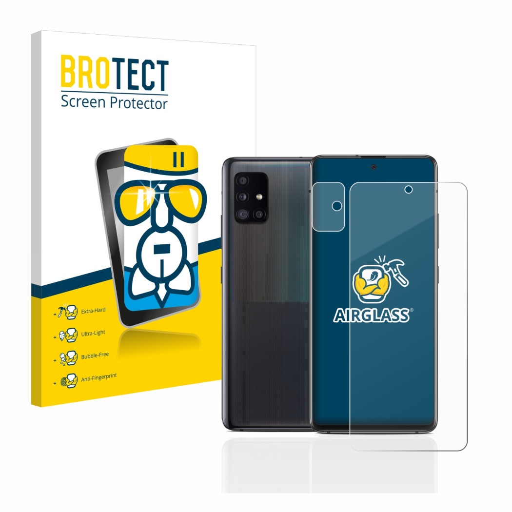 Parte frontal de un envase de producto con el logotipo de la marca BROTECT. Al lado se muestra el dispositivo Samsung Galaxy A