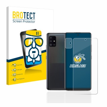 Parte frontal de un envase de producto con el logotipo de la marca BROTECT. Al lado se muestra el dispositivo Samsung Galaxy A