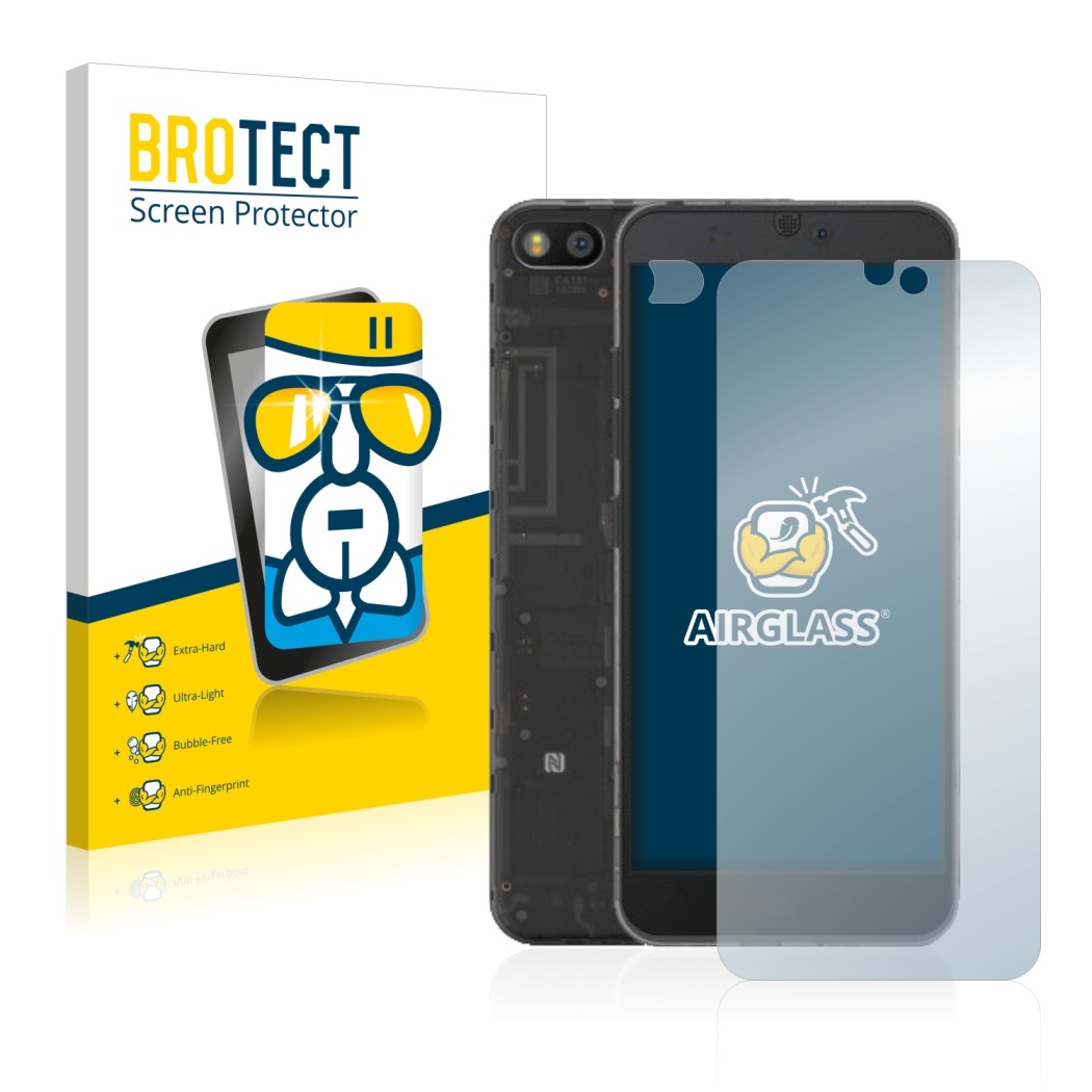 Front side of a product packaging with the brand logo BROTECT. Next to it is the device Fairphone 3 (Front+Camera) shown with 