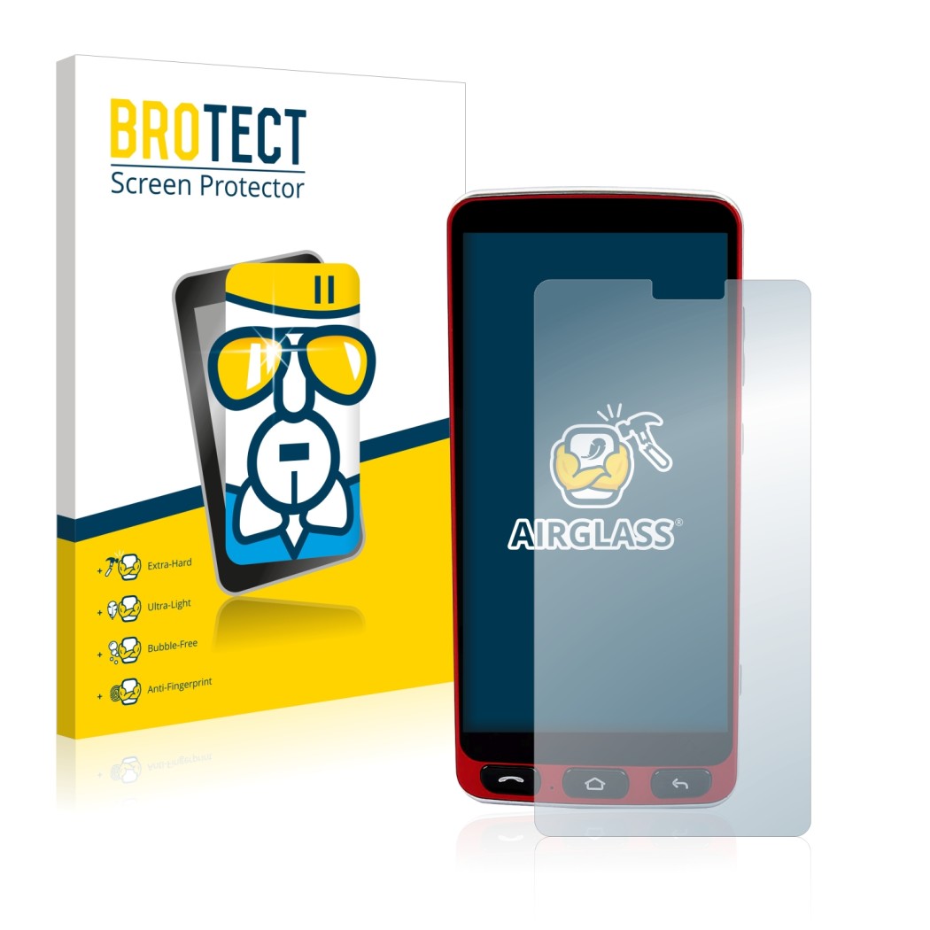 Front side of a product packaging with the brand logo BROTECT. Next to it is the device Olympia Neo Smartphone shown with the