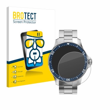 Front side of a product packaging with the brand logo BROTECT. Next to it is the device Withings ScanWatch Horizon (43 mm) sho