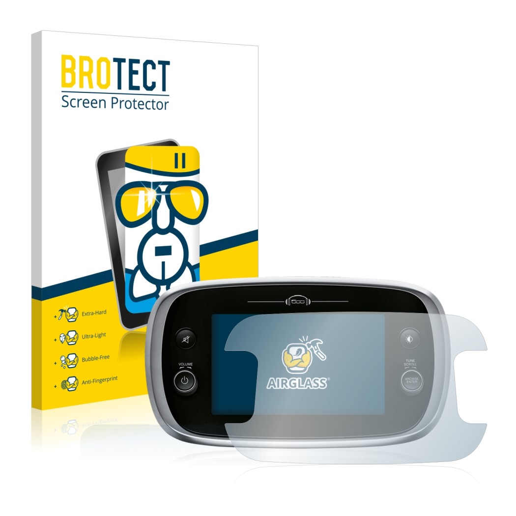 Vorderseite einer Produktverpackung mit dem Markenlogo BROTECT. Daneben ist das Gerät Fiat 500X Uconnect 7