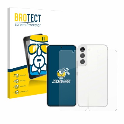 Parte frontal de un envase de producto con el logotipo de la marca BROTECT. Al lado se muestra el dispositivo Samsung Galaxy S