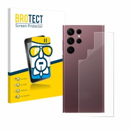 Face avant d’un emballage produit avec le logo de la marque BROTECT. À côté, l’appareil Samsung Galaxy S22 Ultra 5G (Arrière) 