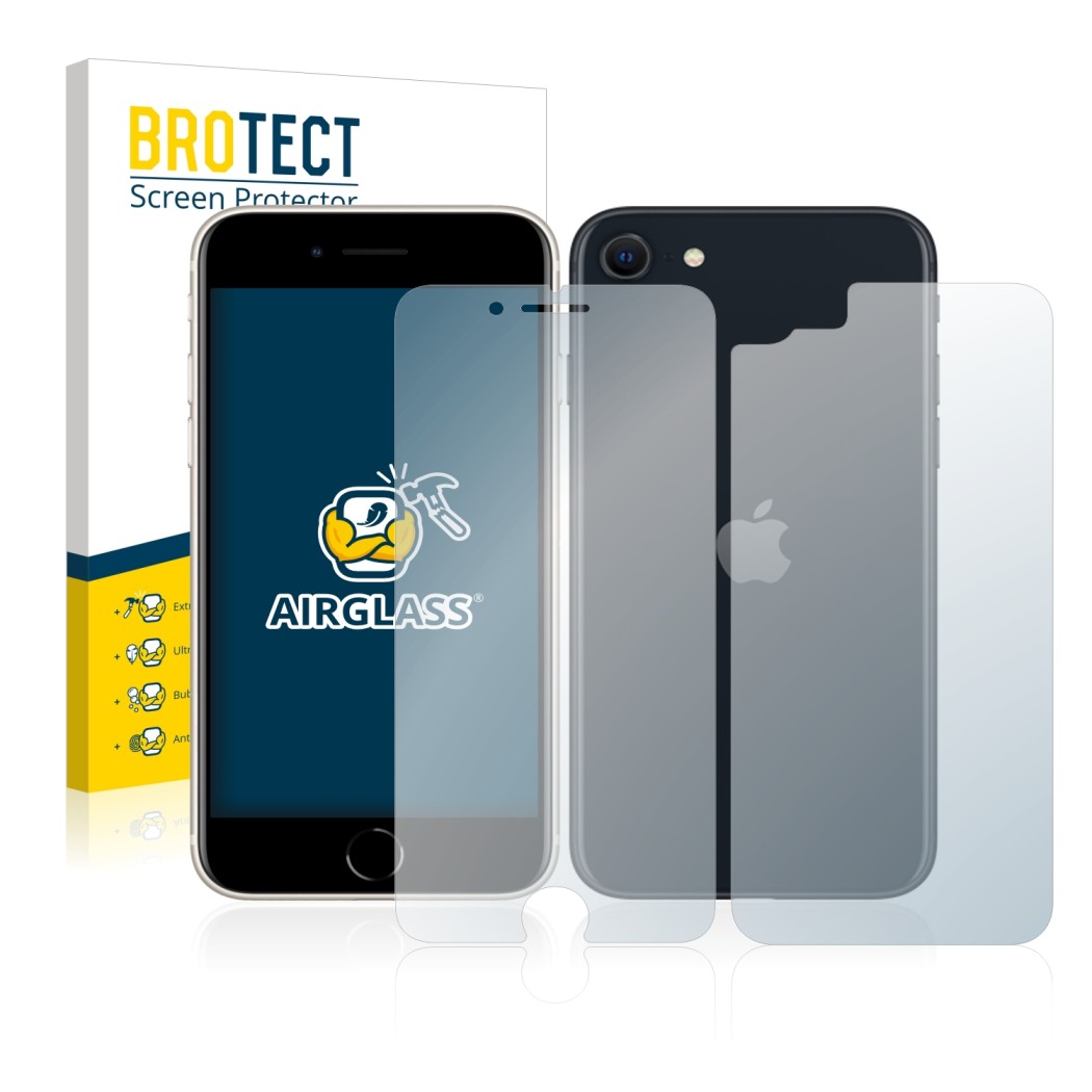 Vorderseite einer Produktverpackung mit dem Markenlogo BROTECT. Daneben ist das Gerät Apple iPhone SE 3 2022 (Display+Rückseit