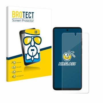 Front side of a product packaging with the brand logo BROTECT. Next to it is the device Motorola Moto G52 shown with the corre