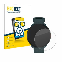 Parte frontal de un envase de producto con el logotipo de la marca BROTECT. Al lado se muestra el dispositivo Polar Pacer con 