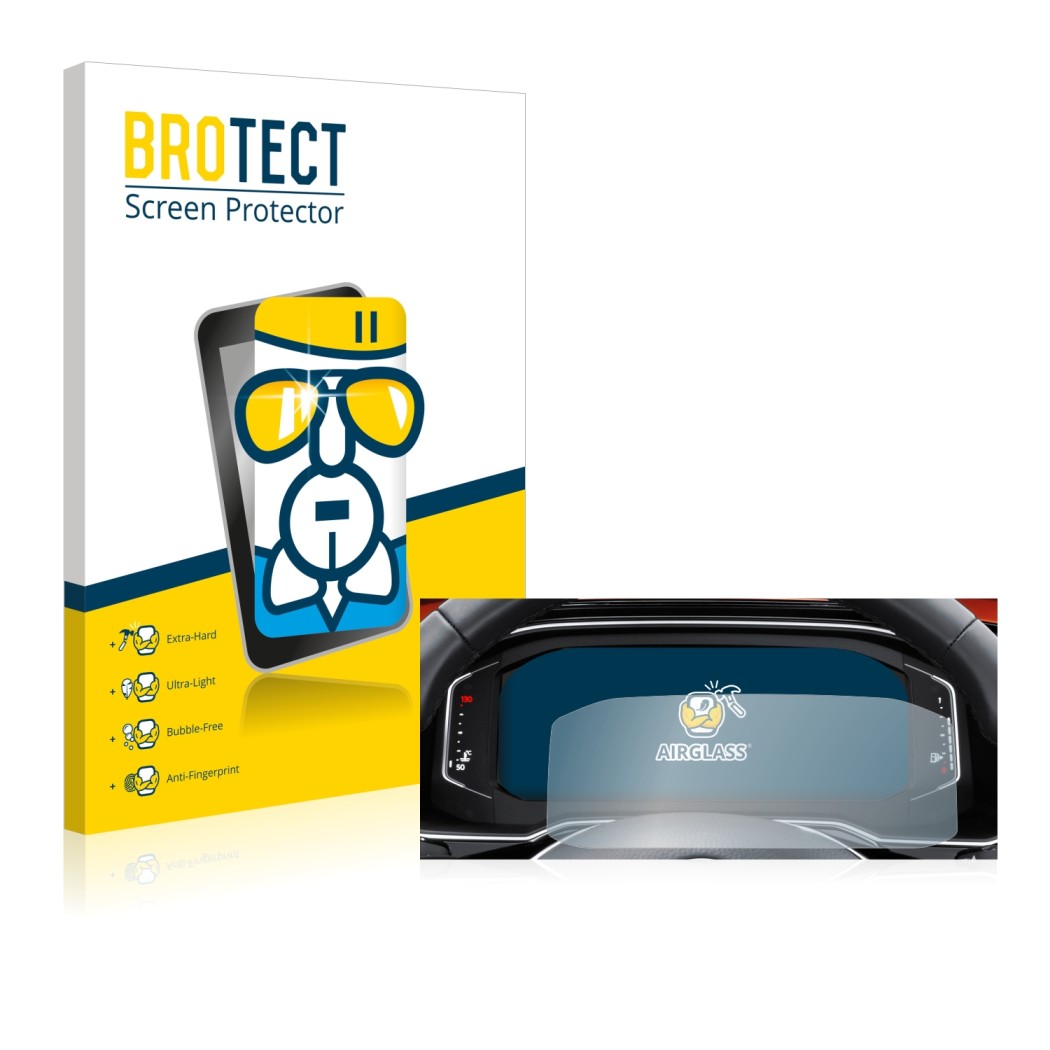 Front side of a product packaging with the brand logo BROTECT. Next to it is the device Volkswagen Tiguan 2021 Digital Cockpit