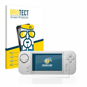 Front side of a product packaging with the brand logo BROTECT. Next to it is the device Evercade EXP shown with the correspond