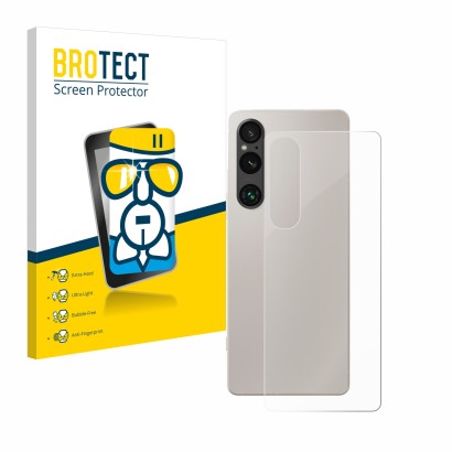 Front side of a product packaging with the brand logo BROTECT. Next to it is the device Sony Xperia 1 V (Back) shown with the 