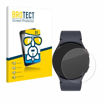 Front side of a product packaging with the brand logo BROTECT. Next to it is the device Samsung Galaxy Watch 6 (44 mm) shown w
