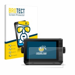 Front side of a product packaging with the brand logo BROTECT. Next to it is the device Garmin ECHOMAP UHD2 9