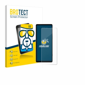 Vorderseite einer Produktverpackung mit dem Markenlogo BROTECT. Daneben ist das Gerät Sony Xperia 5 V mit dem zugehörigen Disp