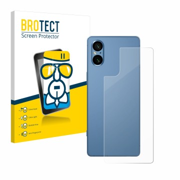 Vorderseite einer Produktverpackung mit dem Markenlogo BROTECT. Daneben ist das Gerät Sony Xperia 5 V (Rückseite) mit dem zuge