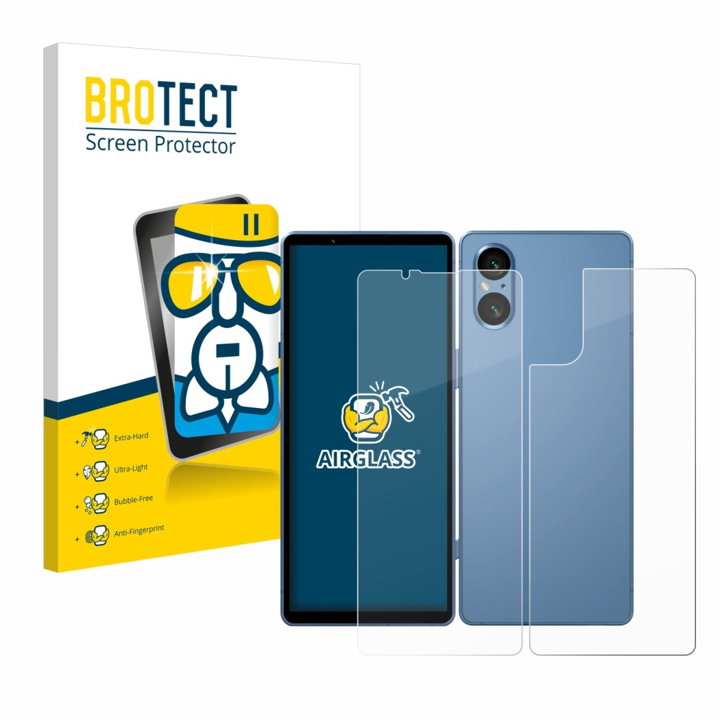 Parte frontal de un envase de producto con el logotipo de la marca BROTECT. Al lado se muestra el dispositivo Sony Xperia 5 V 