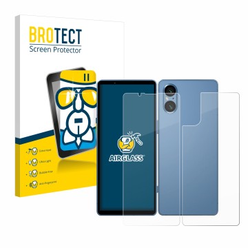 Parte frontal de un envase de producto con el logotipo de la marca BROTECT. Al lado se muestra el dispositivo Sony Xperia 5 V 