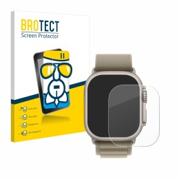 Parte frontal de un envase de producto con el logotipo de la marca BROTECT. Al lado se muestra el dispositivo Apple Watch Ultr