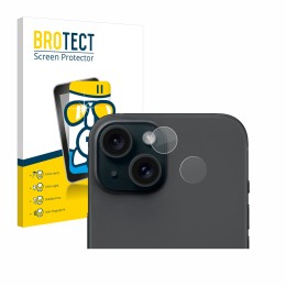 Parte frontal de un envase de producto con el logotipo de la marca BROTECT. Al lado se muestra el dispositivo Apple iPhone 15 