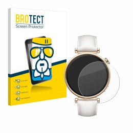 Parte frontal de un envase de producto con el logotipo de la marca BROTECT. Al lado se muestra el dispositivo Huawei Watch GT 