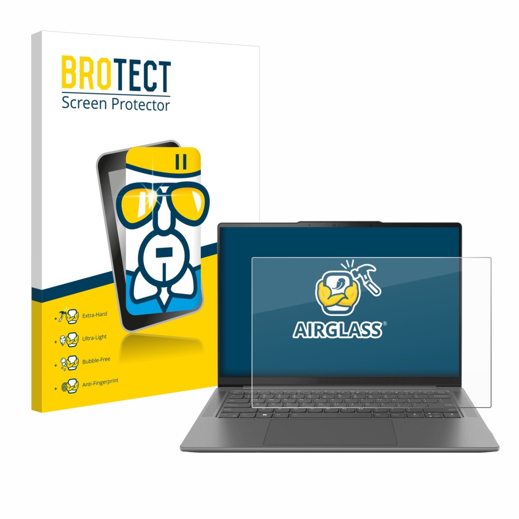 Face avant d’un emballage produit avec le logo de la marque BROTECT. À côté, l’appareil Lenovo Yoga Pro 7 Gen 8 14